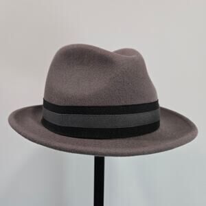 Biltmore 1917 Wool Fedora Brimmed Hat Ribbon Bow Brown Gray Large Center Dent